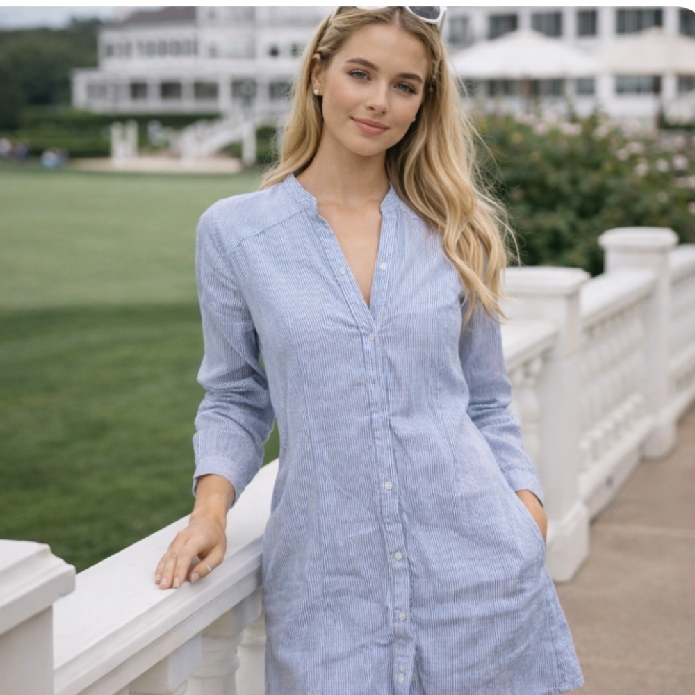 All Saints Blue and White Stripe Shirt Dress Size Medium 36196